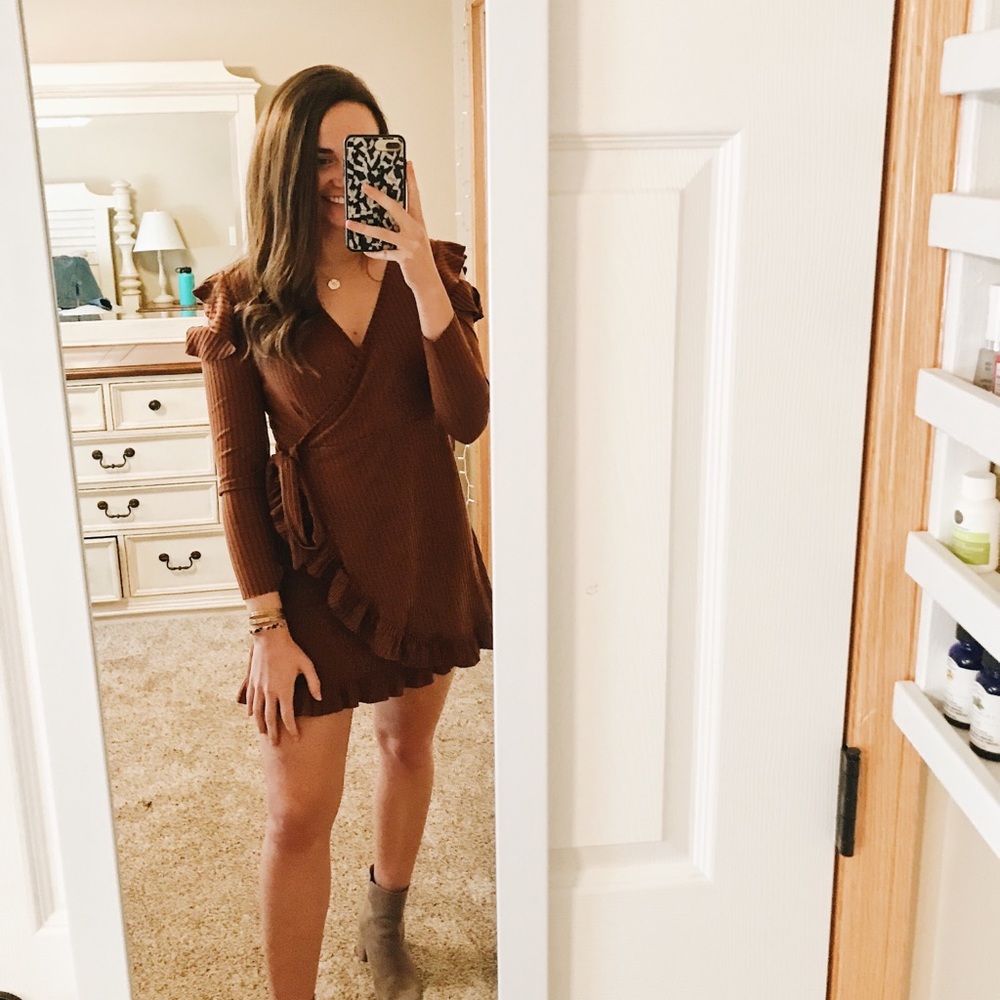 Settledown Brown Ruffle Wrap Dress Size Medium